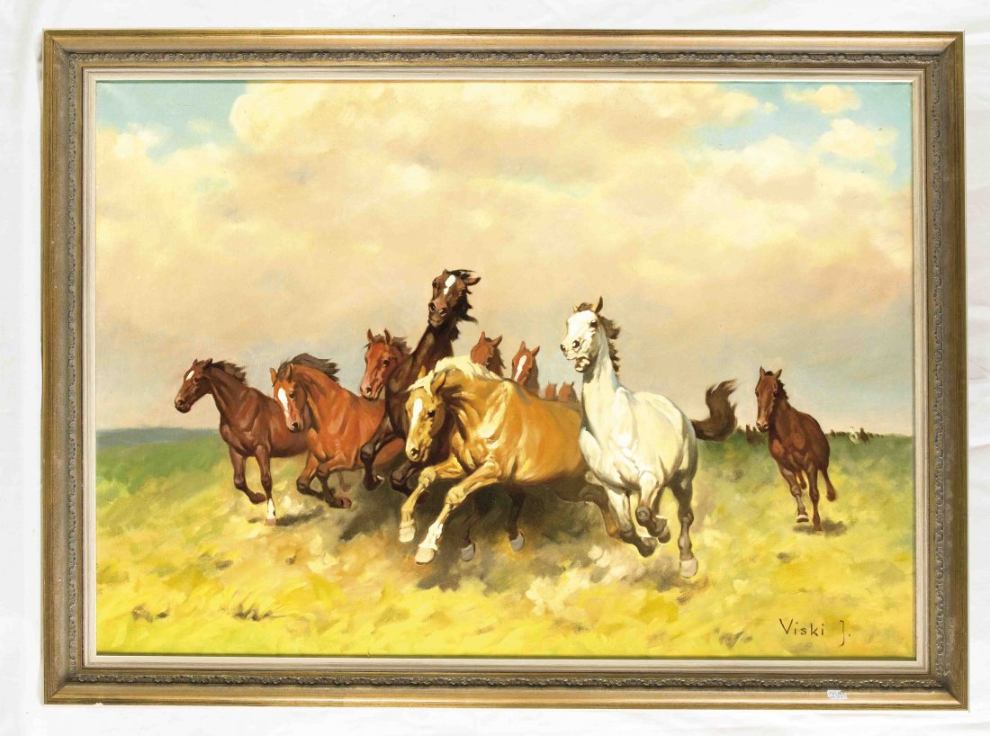 Janos Viski (*1891 in Szokolya), ungar. Tier- und: Janos Viski (*1891 in Szokolya), ungar. Tier- und Genremaler in Budapest, Wildpferde-Herde, Öl/Lwd., u. re. sign. Viski J., 70 x 100 cm, Rahmen