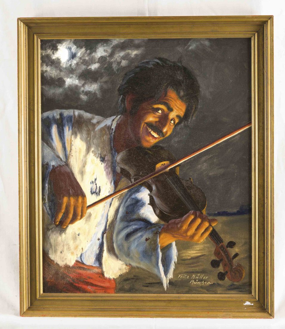 Fritz Müller, Münchener Figuren- und Genremaler, Mitte: Fritz Müller, Münchener Figuren- und Genremaler, Mitte 20. Jh., Der Zigeuner-Geiger im Mondlicht, Öl/Lwd., u. re. sign. u. Ortsbez. München, 60,5 x 50 cm, Rahmen