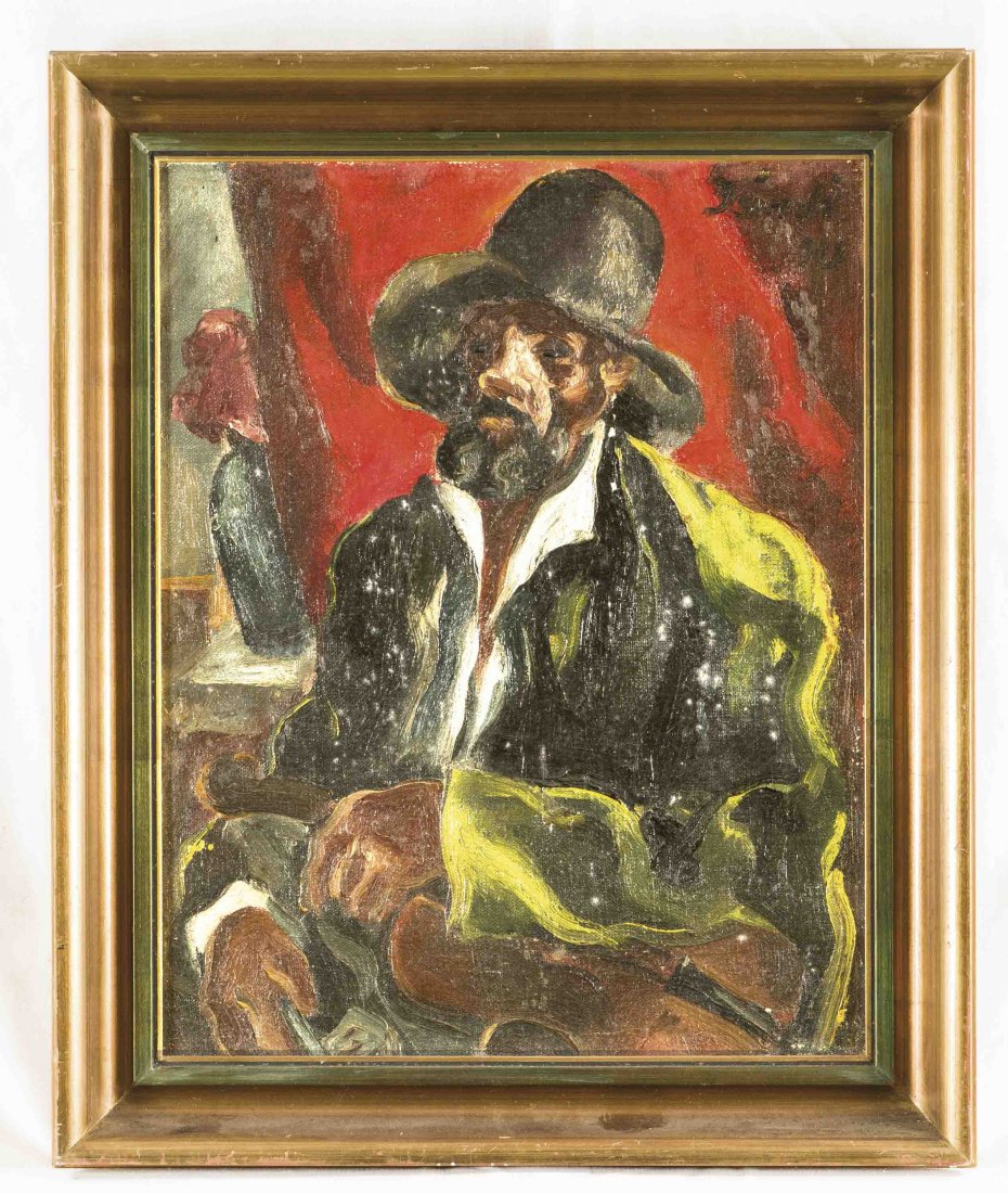 Anonymer Maler 20. Jh., Mann mit Hut und Geige vor: Anonymer Maler 20. Jh., Mann mit Hut und Geige vor rotem Vorhang sitzend, Öl/Lwd., verso bez. (signiert?) sowie blauer Rundstempel, 51 x 39,5 cm, Rahmen