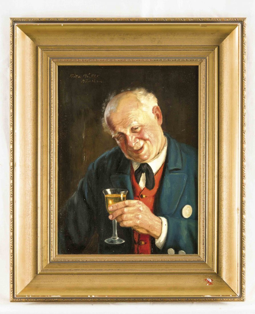Fritz Müller, Münchner Genre- und Figurenmaler des 19.: Fritz Müller, Münchner Genre- und Figurenmaler des 19. Jh., Weinseliger Alter, Öl/Lwd., o. li. sign. und Ortsbez. München, 40 x 30 cm, Rahmen