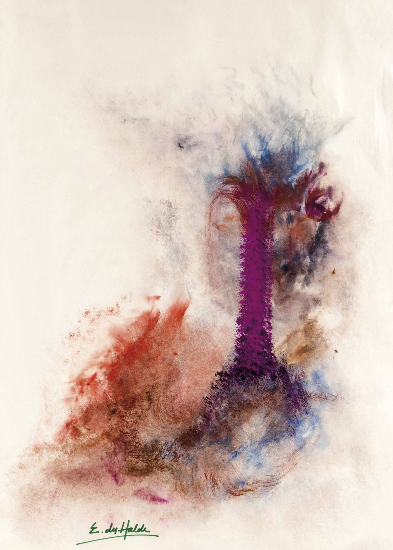 E. du Halde (*1912, Chile), Informeller Avantgardist,: E. du Halde (*1912, Chile), Informeller Avantgardist, Informelle Malerei überwiegend in Aubergine, Blau und Rot, Mischtechnik Aquarell/Gouache, u. li. sign., 83 x 60 cm, Rahmen