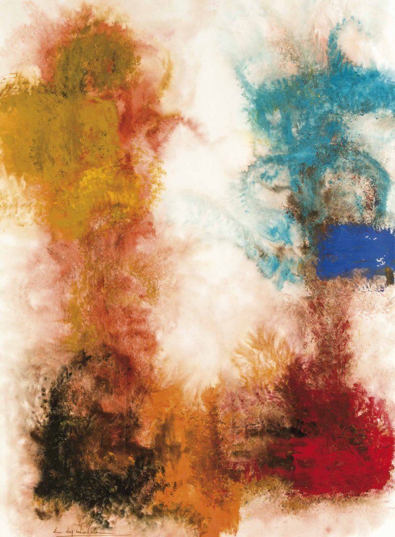 E. du Halde (*1912 Chile), Informeller Avantgardist,: E. du Halde (*1912 Chile), Informeller Avantgardist, Informelle Malerei mit Gelb, Türkis, Rot, Blau und Schwarz, Aquarell/Gouache, u. li. sign., 89 x 61 cm, Rahmen