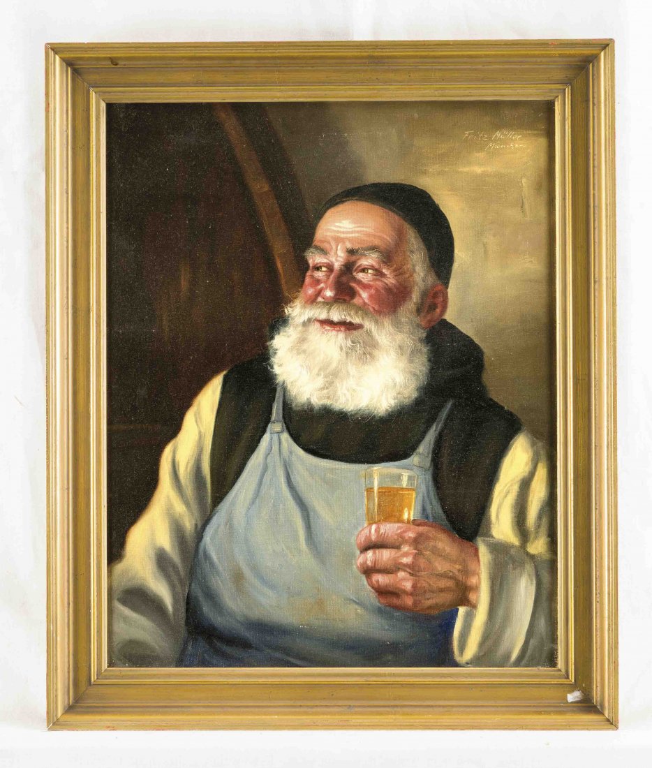 Fritz Müller, München, Älterer Mönch mit Weinglas,: Fritz Müller, München, Älterer Mönch mit Weinglas, Öl/Lwd., 50 x 40 cm, Rahmen
