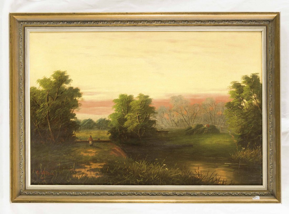 G. Watson, Englischer Landschaftsmaler des 19. Jh.,: G. Watson, Englischer Landschaftsmaler des 19. Jh., Romantische Landschaft mit Kahnfahrern und Figurenstaffage, Öl/Lwd., u. li. sign., 51 x 76 cm, Rahmen