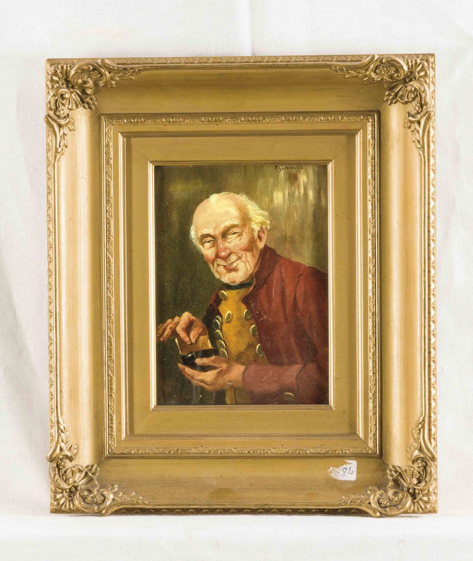 Sign. F. Schmidt, Figuren- und Genremaler um 1900, Mann: Sign. F. Schmidt, Figuren- und Genremaler um 1900, Mann mit Schnupftabaksdose, Öl/Holz, o. re. sign. F. Schmidt, 20,5 x 15 cm, hinter Glas gerahmt