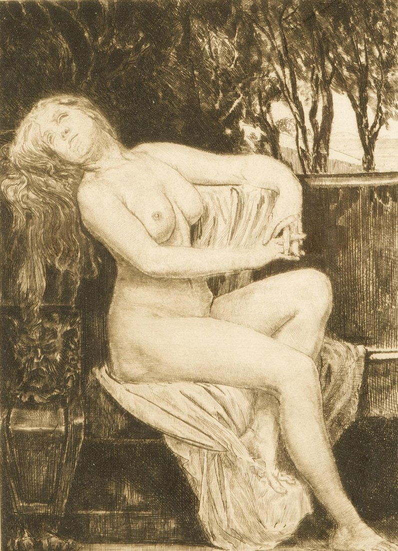Max Klinger (1857-1920), Titelbild zum Neuen Tannhäuser: Max Klinger (1857-1920), Titelbild zum Neuen Tannhäuser (Sitzender weiblicher Akt)(1885), Radierung, Druck durch Meisenbach Riffahrt u. co., am u. Rand in der Platte sign., ca. 19 x 14 cm, hinter Gla