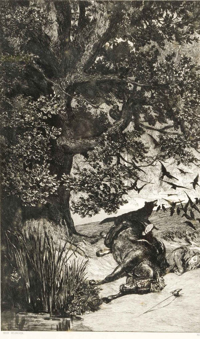 Max Klinger (1857-1920), Gefallener Reiter, Radierung,: Max Klinger (1857-1920), Gefallener Reiter, Radierung, u. li. ind er Platte sign., u. re. num. IX., 33 x 20 cm, hinter Glas u. Pp. ger. 49 x 36 cm