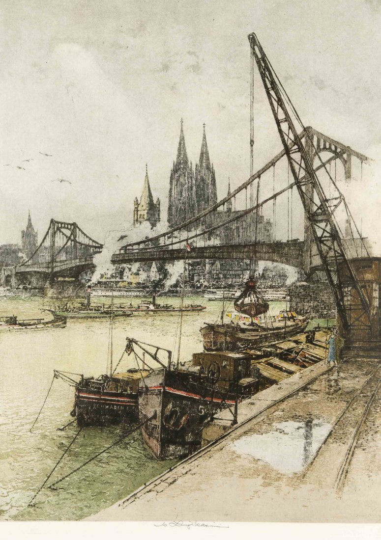 Luigi Kasimir (1881-1962), österreichischer Graphiker,: Luigi Kasimir (1881-1962), österreichischer Graphiker, Rheinhafen von Köln, Farbradierung, handsigniert unten Mitte, 58 x 43 cm, ger. 80 x 63 cm