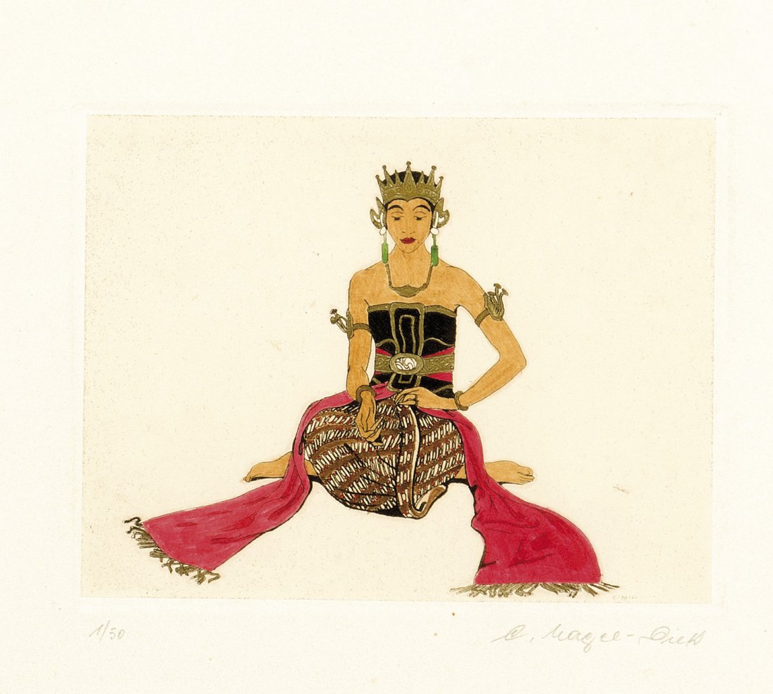 C. Nagel-Dietz, Konvolut von drei kolorierten: C. Nagel-Dietz, Konvolut von drei kolorierten Radierungen mit orientalischen Tänzerinnen, je num. 1/50 u. handsign., sowie zwei Aquatintaradierungen mit Spanischen Tänzerinnen, schwer leserl. sign.,