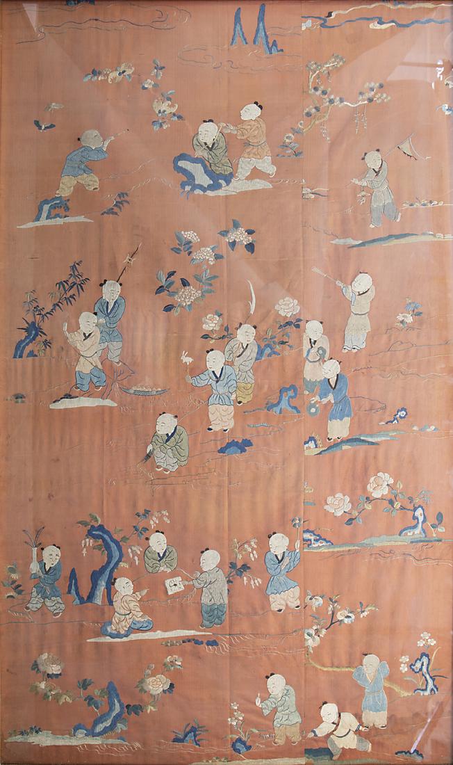 "Children's games", Chinese embroidered silk panel, (1 of 2)