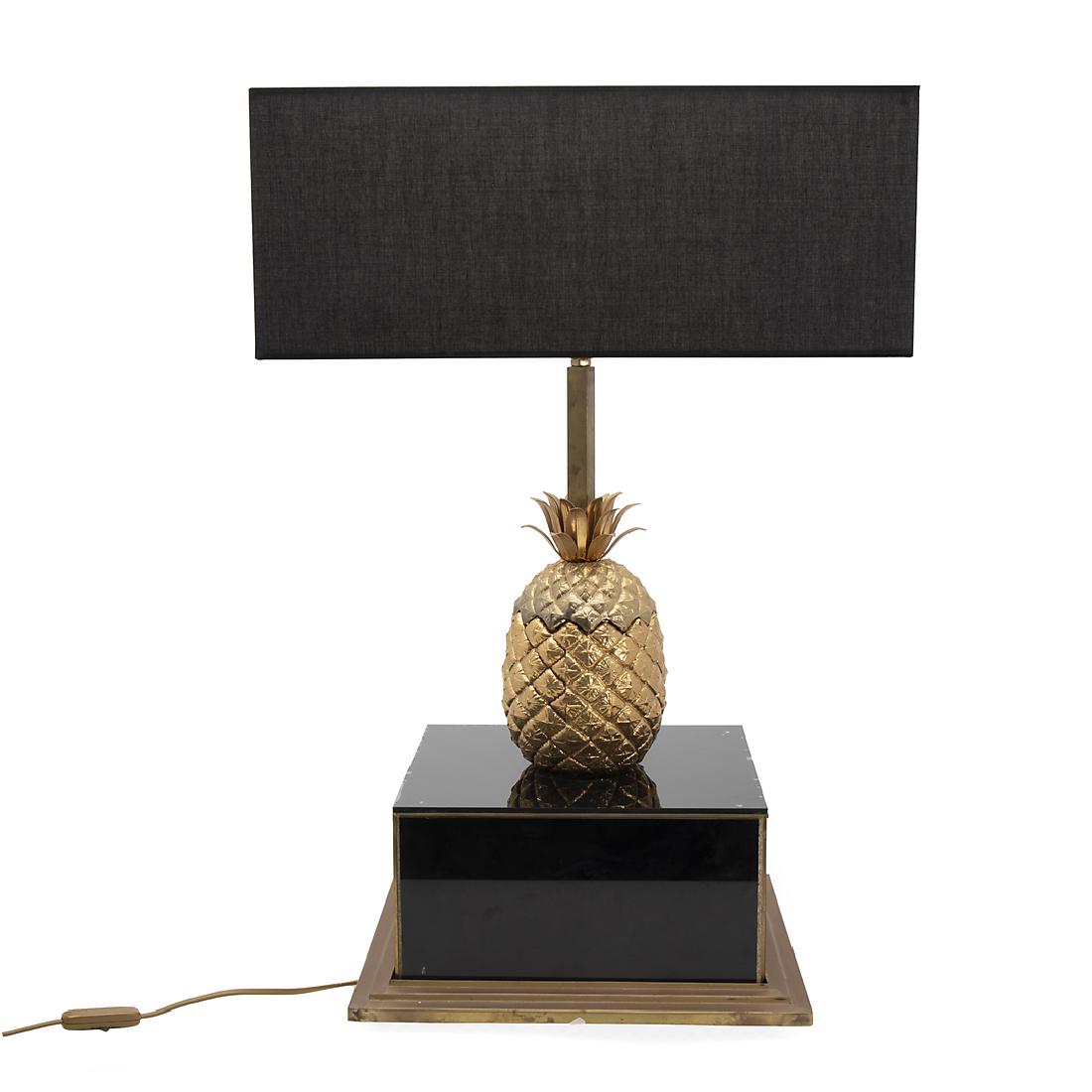French table lamp in brass, glass and fabric lampshade, (1 of 3)