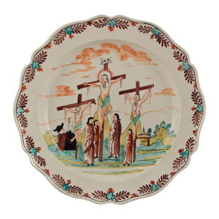 Creamware Plate With Crucifixion Scene: Dutch decorated creamware plate with scene of the crucifixion. circa 1790.