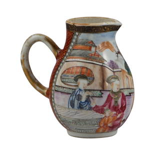 Chinese Export Creamer: Chinese Export creamer without lid in Mandarin style showing figures in a garden. circa 1780.