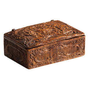 Rococo Style Boxwood Snuff Box: Rococo style boxwood snuff box with initials MD on lid. Silver mounts and cartouches on all sides. continental circa 1750. 3" x 2" x 1 1/4"