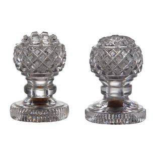 Pair of Glass Sugar Sifters or Casters: Pair of glass sugar sifters or casters. Irish circa 1820. Illustrated in Phelps Warren Irish Glass PL. 80B. P. 116.