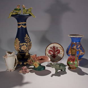 Grouping of Various Porcelain and Stone Objects: One blue and white Majolica pedestal, early 20th century hallmarked. One Art Nouveau bud vase, hallmarked. One large porcelain vase with Greek designed, hallmarked. One Italian decorative Florentine