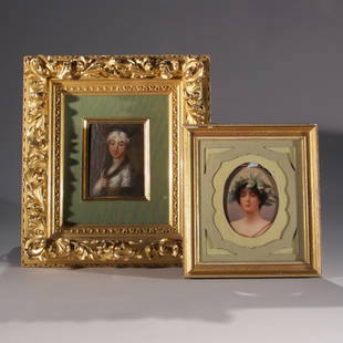 Oil on Canvas and Porcelain Plaque: Small oil on canvas of young Persian princess in gilt wood frame and one framed oval hand painted porcelain plaque of young maiden wearing a wreath around her head, signed on front. Oil on canvas and