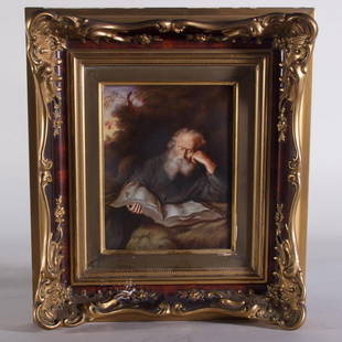 Hand Painted Porcelain Plaque of Scholar: Porcelain plaque of scholar in gilt wood frame. Signed on back. Porcelain. Circa early 20th century.Without frame: 10 h x 7 3/4 w in; with frame: 17.5 h x 15.5 w in