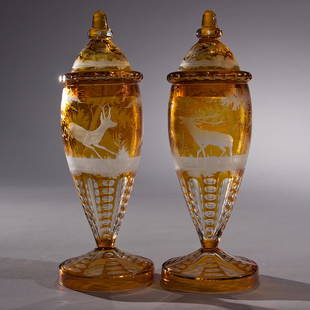 Pair of Amber Color Bohemian Covered Vases: Pair of 19th century etched Bohemian amber color covered vases. Glass. Bohemian. Height 11 inches