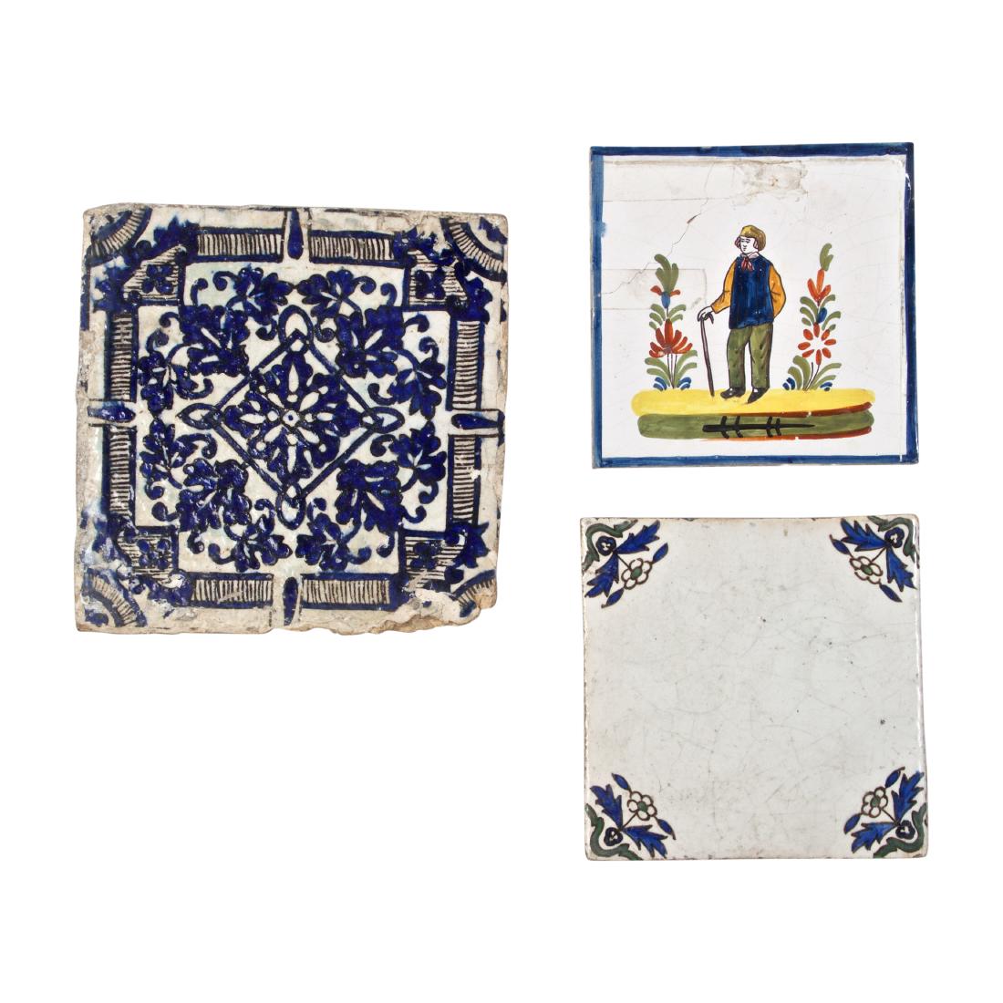 Three Antique Tiles. Persian, French & Turkish: Persian blue & white pottery tile, 19th century. French, 19th century and Turkish Kutaya 19th century. Largest 7 inches x 7 inches.