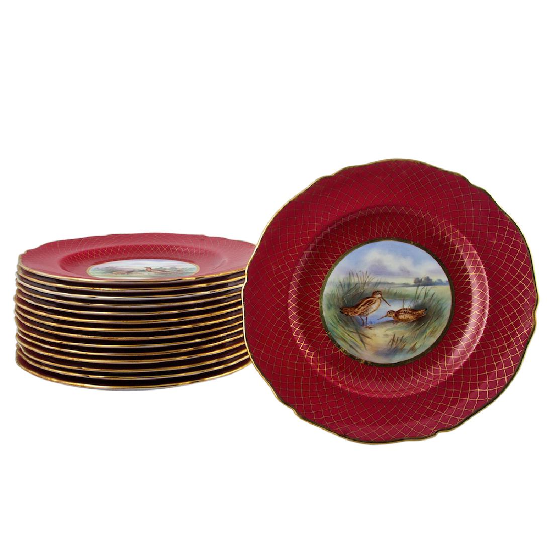 Set of English Spode Dinner Plates: Set of 15 Spode Copeland China. English transfer-ware red-trimmed and gold accented dinner plates with hunting birds. Diam: 101/2 inches. very good condition.