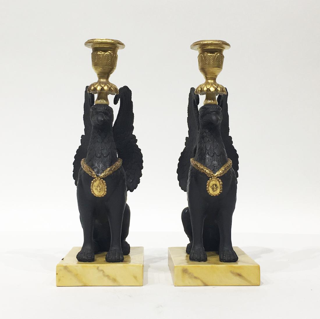 Pair of Mottahedeh Griffin Candelsticks: Height: 10 1/2 inches. marked on bottom
