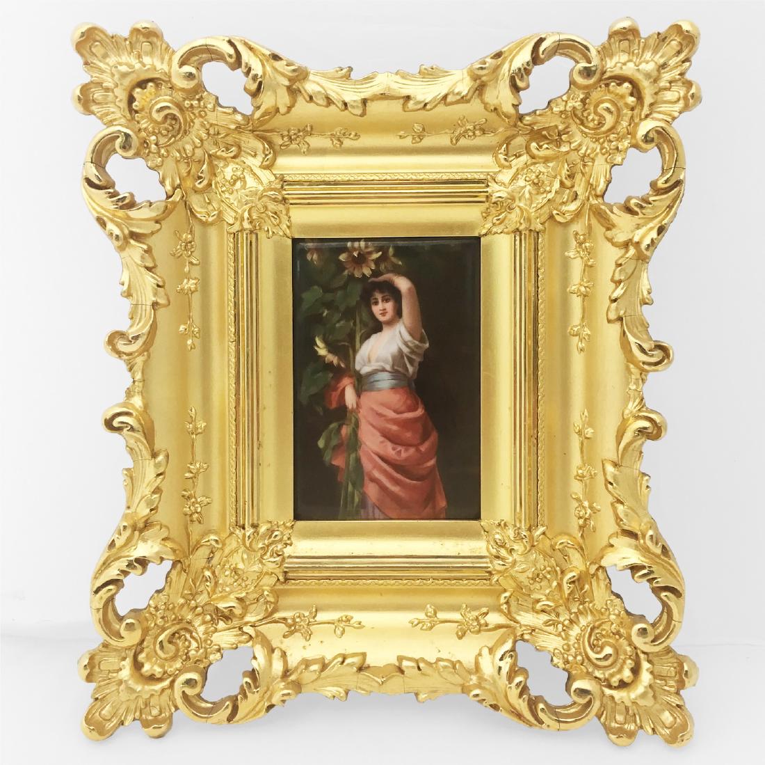 KPM Porcelain Plaque in Gold Gilt Frame: Plaque size: 4 x 5 3/4 inches (11 1/4 x 13 1/4 inches framed).