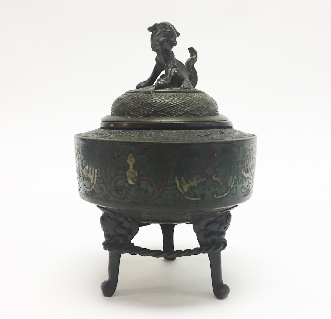 Chinese Enamel and Bronze Incense Burner: 6d x 8 in