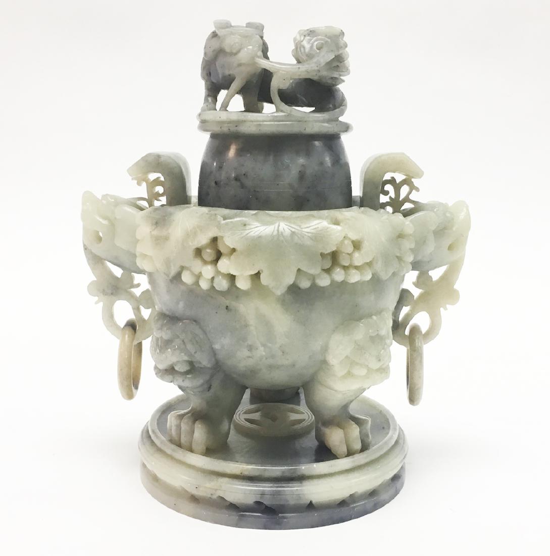 Chinese Soapstone Covered Urn: 8 x 5.5 x 9 in