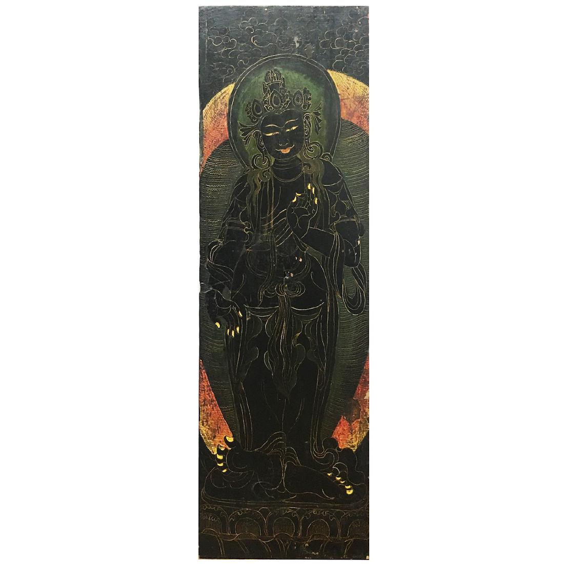 Sino Tibetan Painted Buddhist Wood Panel: 13.5 x 40 in
