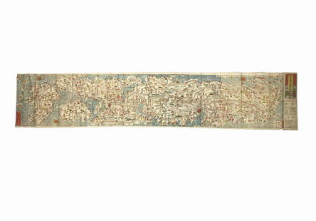 Japanese Woodblock Print of Map of Japan: Japanese woodblock print of a map of Japan. 72 in x 14 in. 18th century, Edo period. Published by Mikawa Tetsugorou.