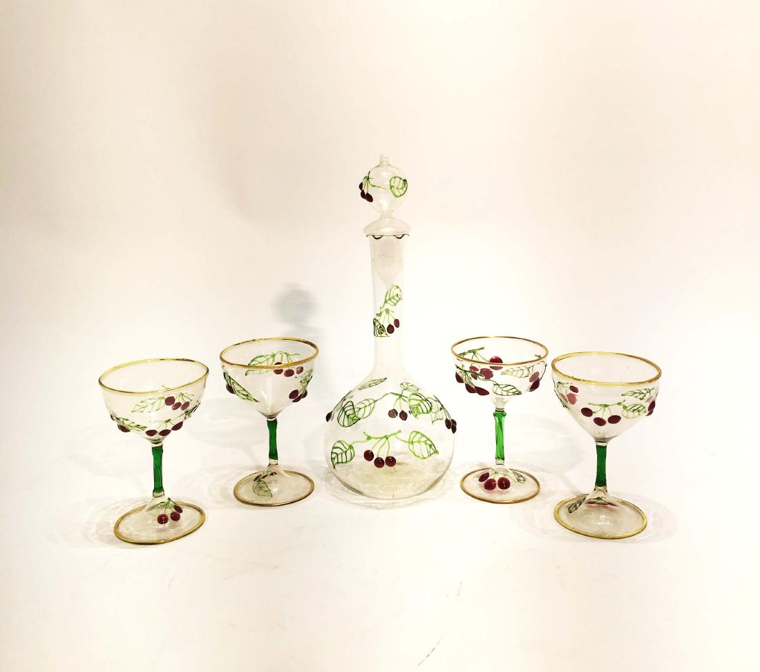 Venetian Enameled Liqour Set with Decanter: Venetian enameled liquor set with decanter and 4 glasses. Decanter 10 in.
