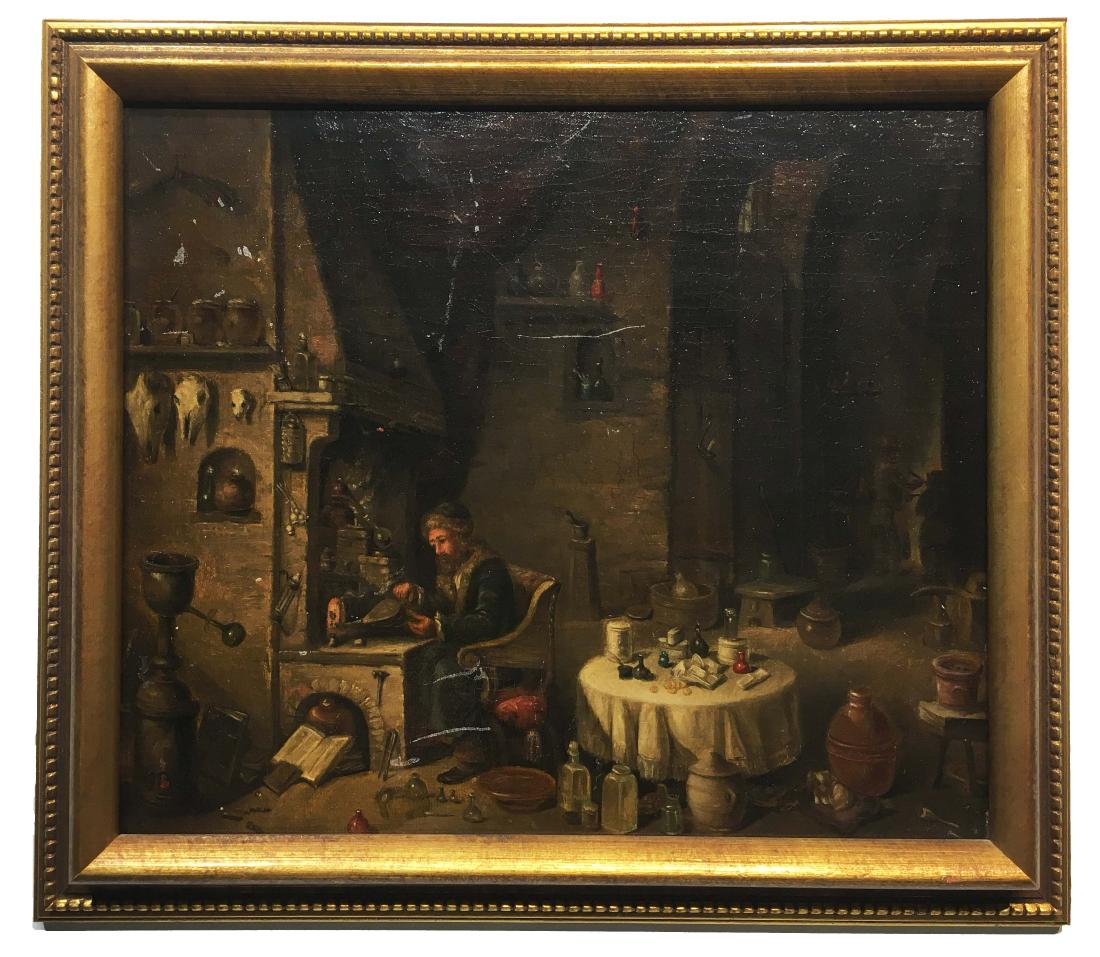 Oil Painting of a Middle Eastern Alchemist: A fine oil painting of a Middle Eastern Alchemist. L 17 x W 14.5. Property from the Estate of Jane Rothschild