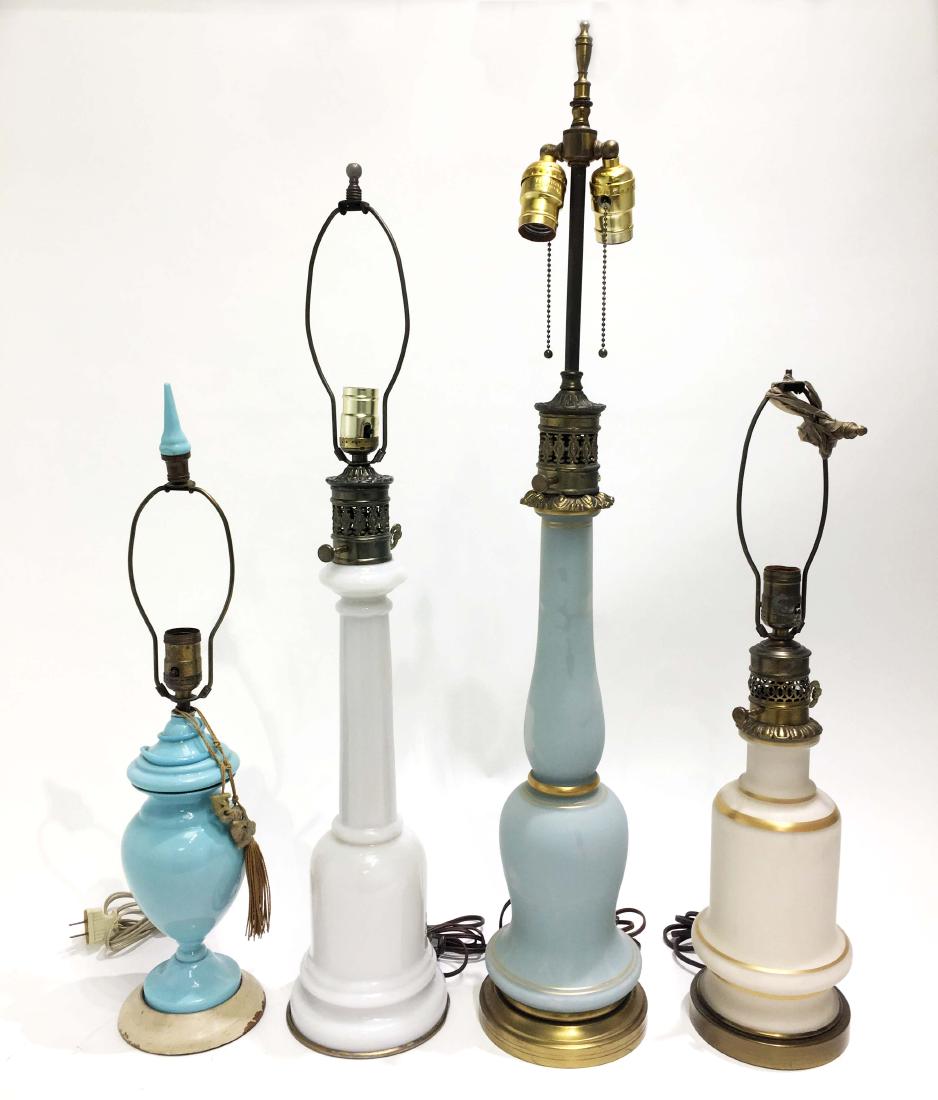 Four French Opaline Glass Lamps: Four glass opaline glass lamps. Tallest 35 in. Property from the Estate of Jane Rothschild