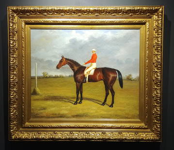 Oil on Canvas, Paddock Scene with Horse & Jockey,: Oil on Canvas, Paddock Scene with Horse & Jockey, Unsigned. Late 19th century.