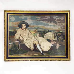 Antique Framed Tapestry, 19th century: Hand Embroidered Tapestry of reclining gentleman in landscape. Framed. 31 1/2 x 24 inches