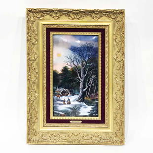 Large Signed Limoge Porcelain Plaque: A large Limoge porcelain plaque. Signed. 9 x 15 inches (plaque) 15 x 22 (framed)
