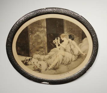 Louis Icart Original Lithograph Signed & Numbered.: Louis Icart, Two ladies playing with dogs. Signed and numbered 3/290. 26 x 22 inches framed.