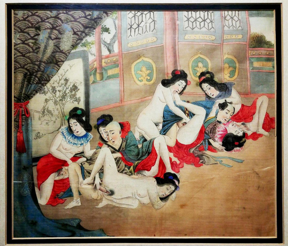 Antique Erotic Painting On Silk, Japanese: A Japanese antique erotica painting on silk. 10 x 9 inches (16 x 14 1/2 inches framed)