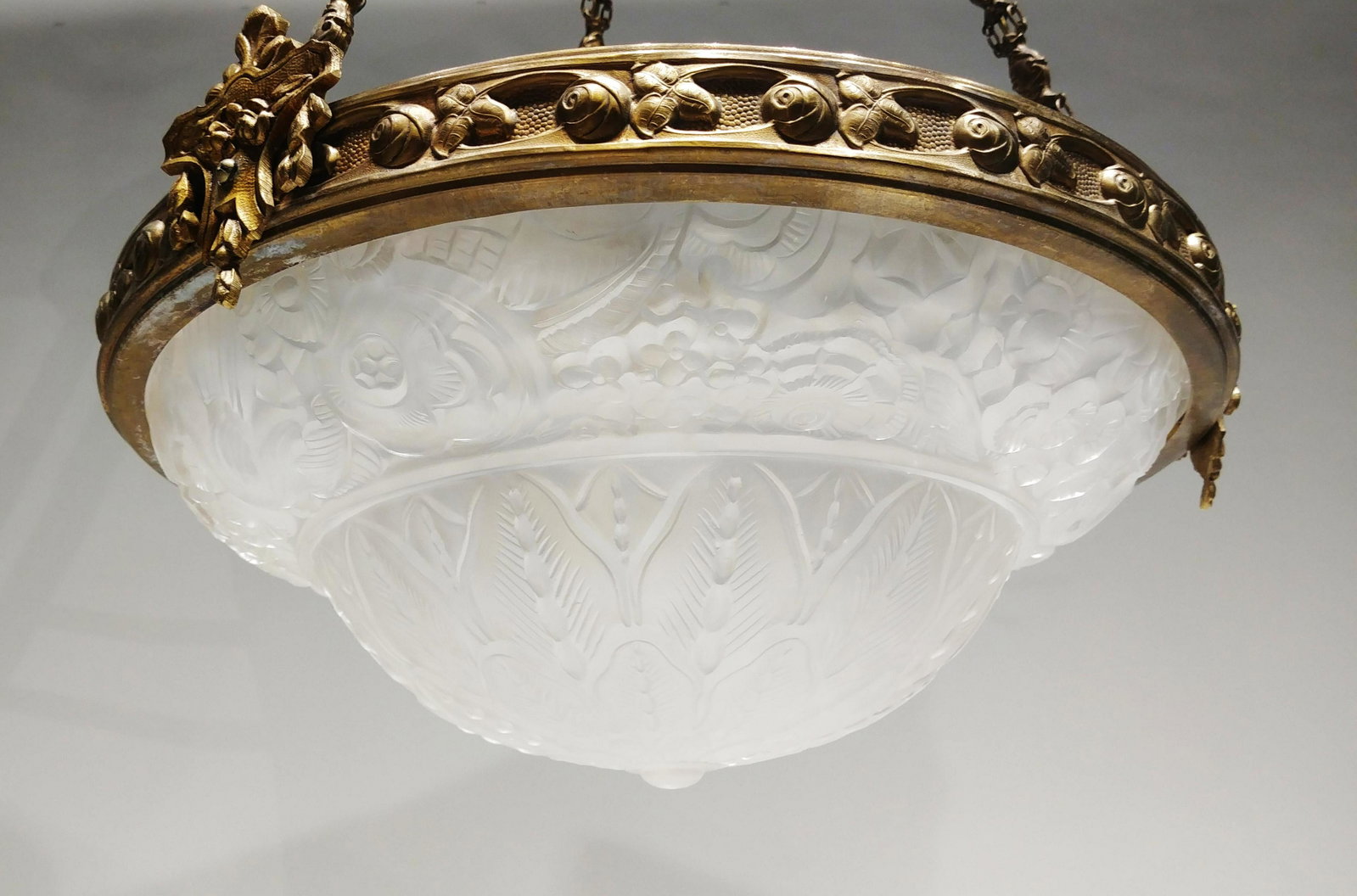 Art Nouveau Style Hanging Lamp.: Art Nouveau Style Hanging Lamp with Molded Glass Shade. 14 inches diameter.