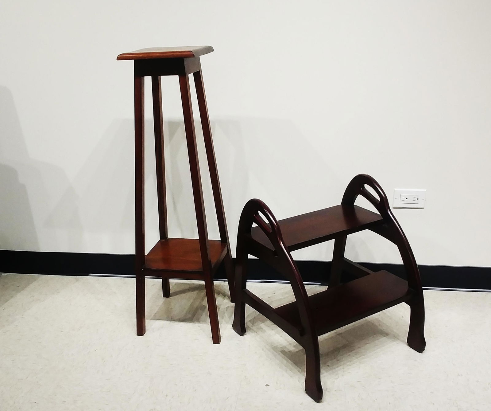 A Tall Wooden Plant Stand and Step Stool, No Reserve!: A tall wooden plant stand and step ladder. Height of stand 3 feet. No Reserve!