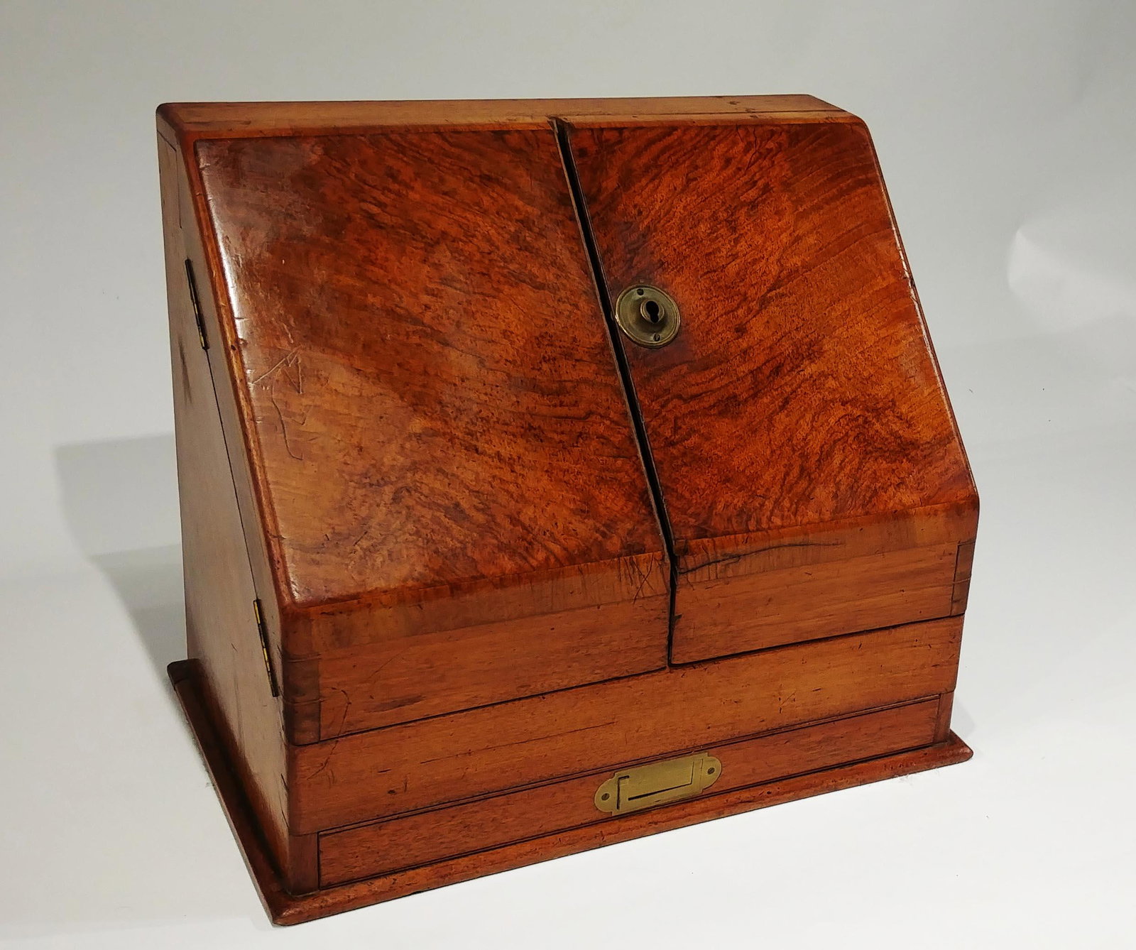 Antique English Walnut Stationery Cabinet. NO RESERVE!: A 19th century English walnut stationery cabinet with locking drawer and calendar. Original key and inkwell. 15 1/2 x 14 1/4 x 9 5/8 inches. NO RESERVE!