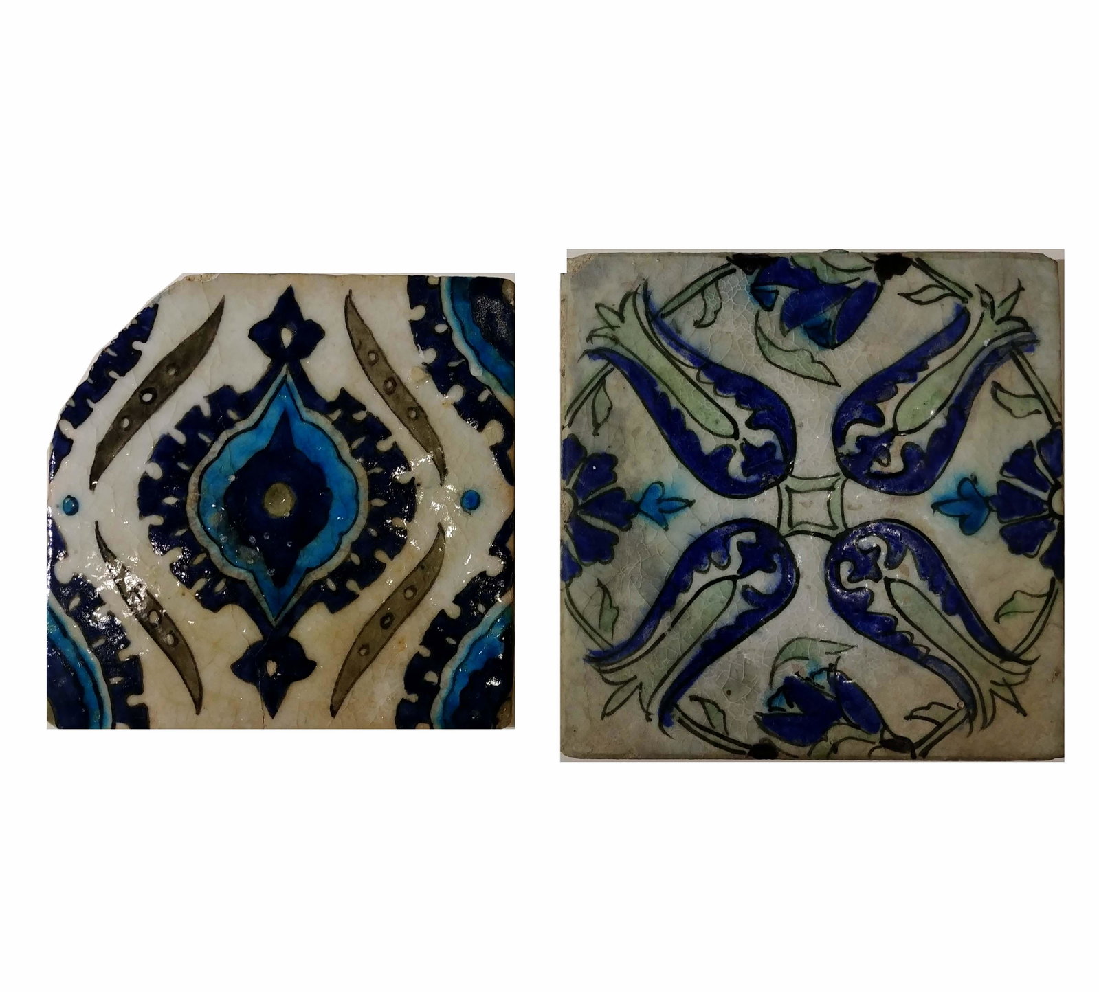 Two Damascus Tiles, 18th Century AD: Two Damascus pottery tiles, 18th Century AD. largest 9 1/4 inches x 9 1/4 & 8 x 8 inches. Syria