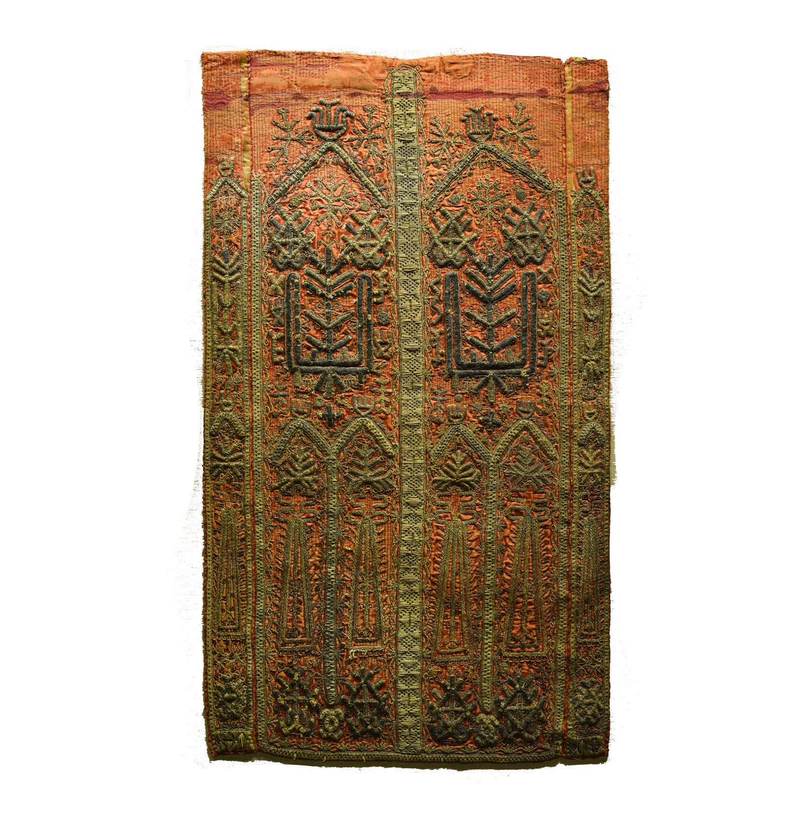Anatolian or Central Asian Metal Thread Embroidered: Late 19th century textile panel of embroidered metal (silver) thread. Mounted on canvas stretcher. height 33 in x width 20 1/2 in