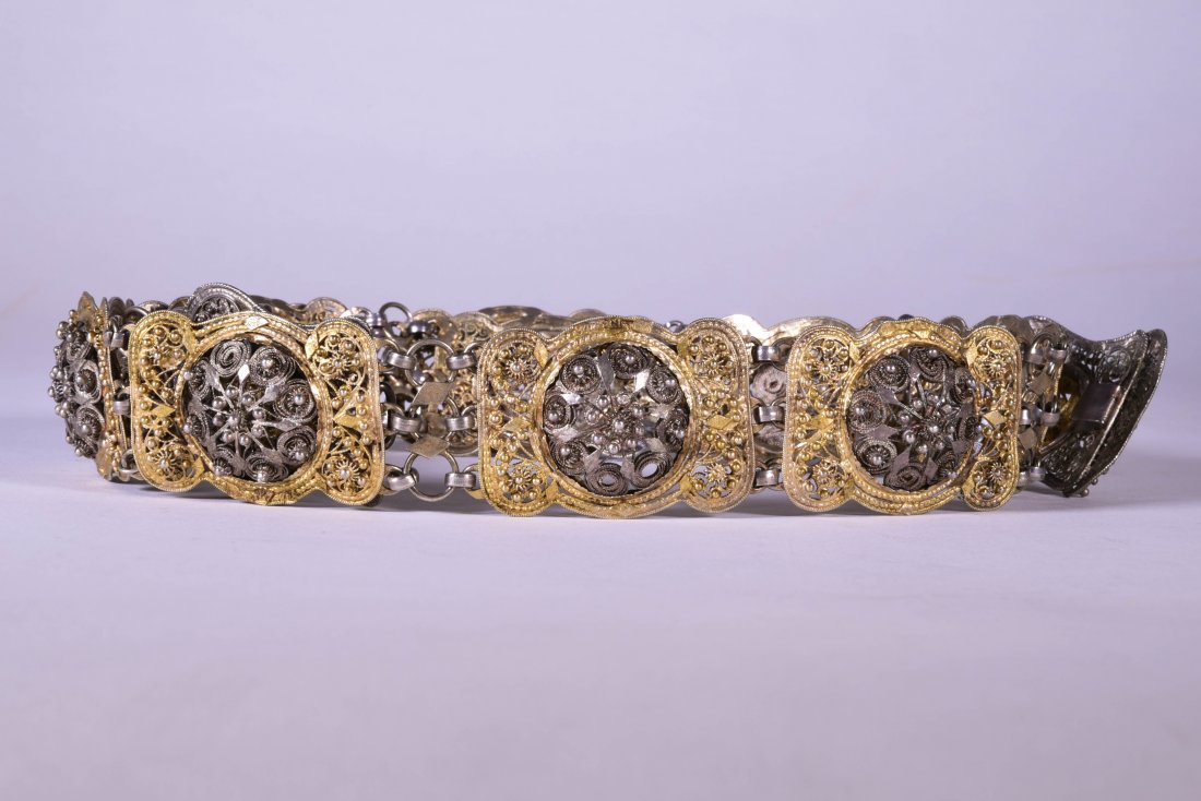Fine Yemenite or Middle Eastern Antique Gilt Silver: Antique silver and gilt belt finely crafted filigree work. 19th century, possibly Yemenite. 34 1/4 x 1 1/4 inches.