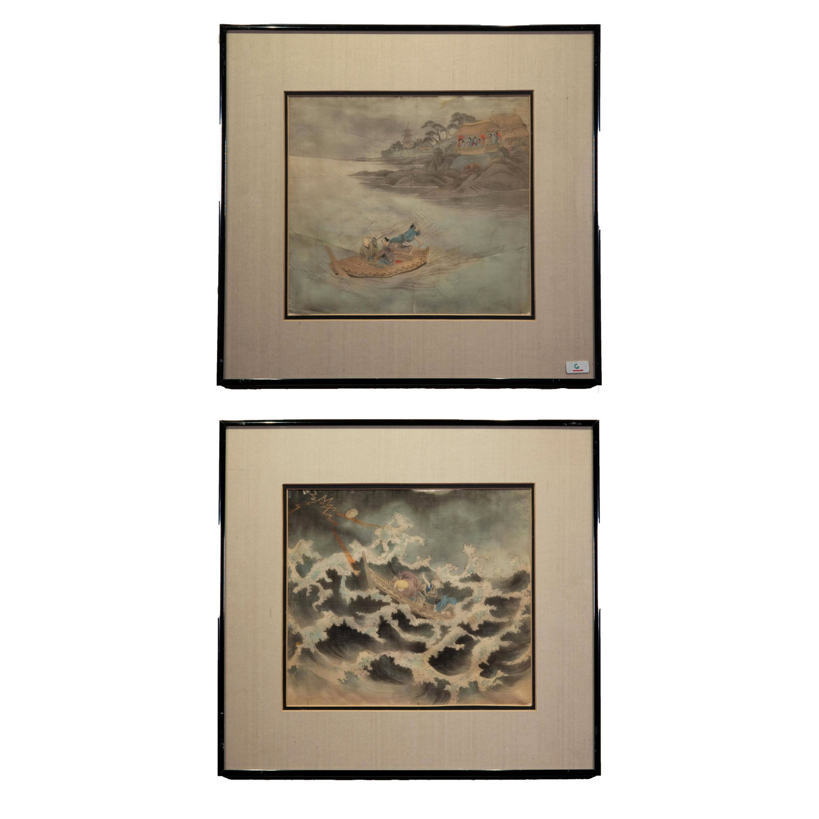 Pair of Antique Japanese Paintings on Silk: Meiji period Japanese paintings on silk. One depicting a boat with a couple tossed at sea and another with a boat departing the shore. 16 x 15 framed. 10 x 9 inches silk, each.