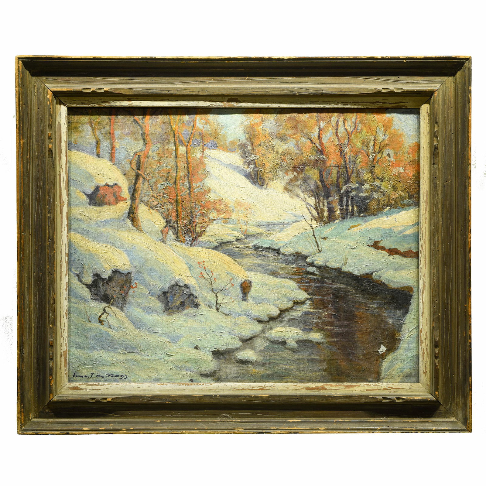 Ernest De Nagy, Oil on canvas, Snowy Stream: A painting depicting a snowy stream in the woods with sun shining through as in early spring. signed Ernest De Nagy. Framed Height 24 in x Width 29 in Picture Height 18 in x Width 22 in