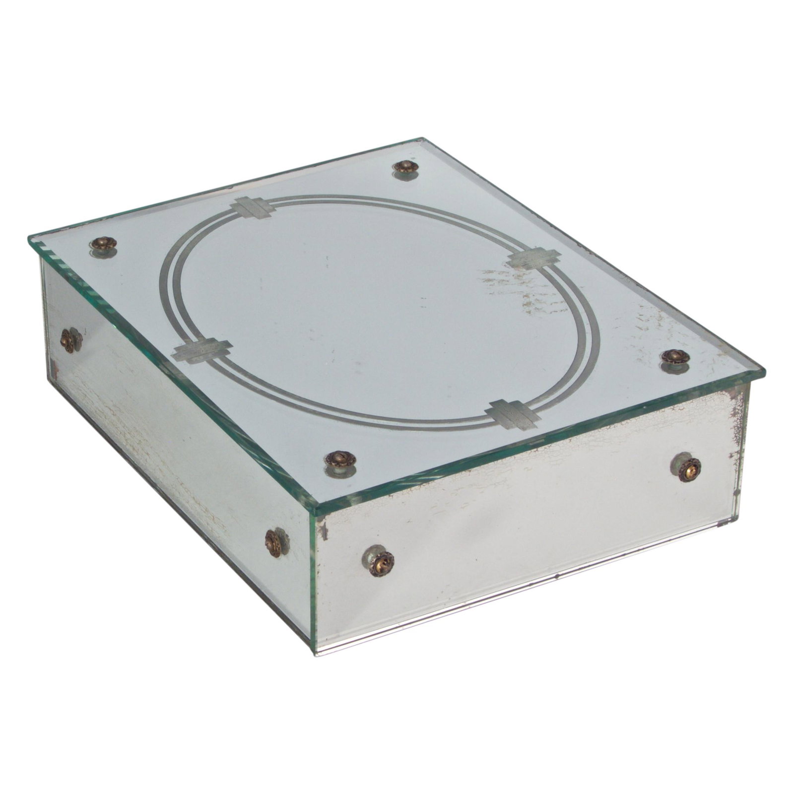 Art Deco Mirror Jewelry Box: Art deco period mirrored box. ca. 1950s. 10 x 8 x 2 inches