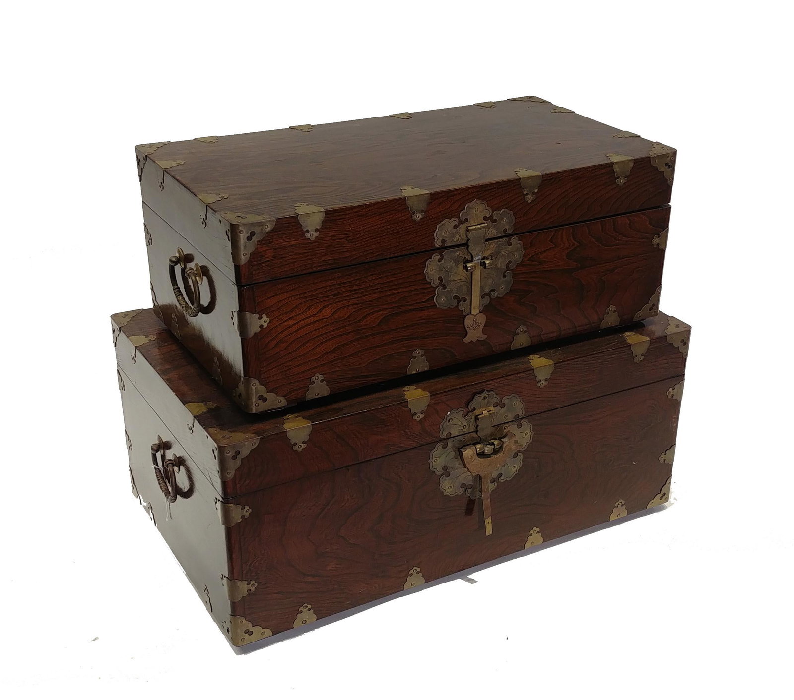 Two Chinese Wood Nested Trunks. Mid 20th Century NO: Two Chinese wood nested trunks. Locks broken else in excellent condition. Larger trunk size: 26 1/2 x 16 x 11 inches. NO RESERVE!