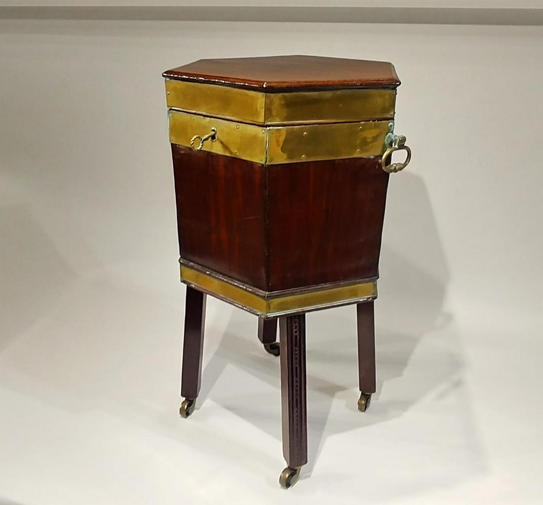 Georgian Mahogany Hexagonal Wine Cooler. NO RESERVE!: Georgian Mahogany Hexagonal Wine Cooler on four legs with caster wheels. 18th century, English. Height: 29 1/2 inches. NO RESERVE!